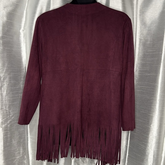 FATE by LFD Faux Suede Open Cardigan Fringe Hem Sleeveless Burgundy Women’s M - Picture 5 of 7